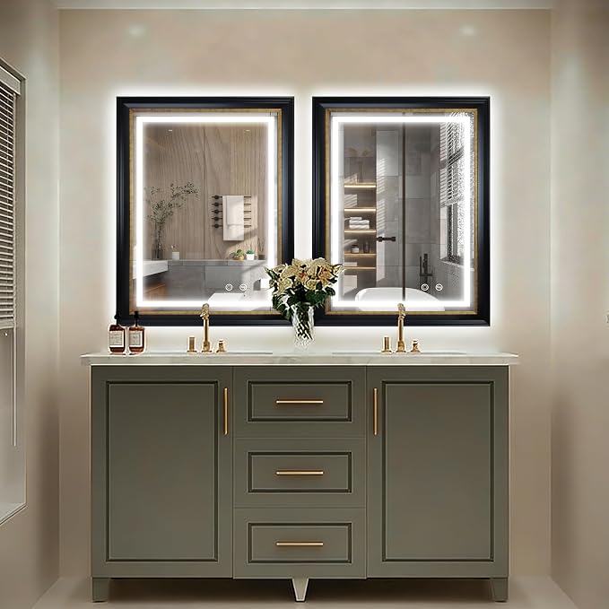 ROLOVE 23x33 Inch Lighted Baroque Bathroom Mirror, Antique Black and Gold | Anti-Fog, Waterproof Frame and Shatterproof Glass, Vintage Wall Mirror for Bathroom, Entryway and Powder Room