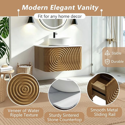 48" Floating Bathroom Vanity with Sink, Mid-Century Wall Mounted Bathroom Vanity Cabinet with Wood Waved Decor,Ceramic Vessel Basin and Sintered Stone Top, Soft Close Drawer, 2 Side Open Cube