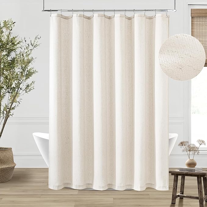 Cream Linen Shower Curtain for Bathroom Water Repellent 72x84 Inch | Neutral Modern Boho, Extra Long Tall, Bath Drapes 84 Inches Long, XLong Shower Curtains, Ivory Birch, 72 x 84 Inches