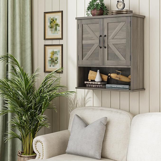 Bathroom Wall Cabinet with Barn Doors, Wall Mounted Bathroom Storage Cabinet, Farmhouse Style, Adjustable Shelf, Wall Mounted, Grey