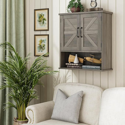 Bathroom Wall Cabinet with Barn Doors, Wall Mounted Bathroom Storage Cabinet, Farmhouse Style, Adjustable Shelf, Wall Mounted, Grey