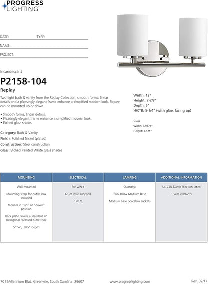 Replay Collection 2-Light Etched White Glass Modern Bath Vanity Light Polished Nickel
