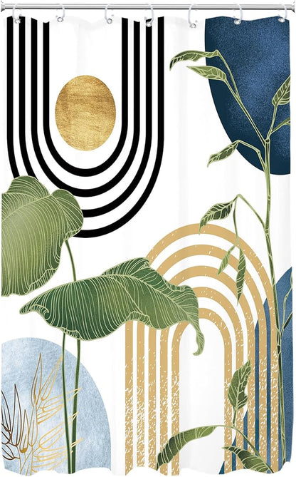 Glawry Navy Blue Boho Shower Curtain Small Stall Abstract Mid Century Light Blue Tropical Palm Sun Plant Minimalist Bathroom Modern 48Wx72L Inches Bath Accessories Art Home Decor Fabric 8 Pack Hook