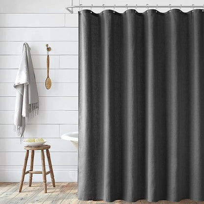 Dark Grey Linen Shower Curtain, Country Boho Farmhouse Bath Decor Shower Curtains Neutral Cloth Weighted Textured Fabric Bath Curtain Liner with Hooks, 72x84