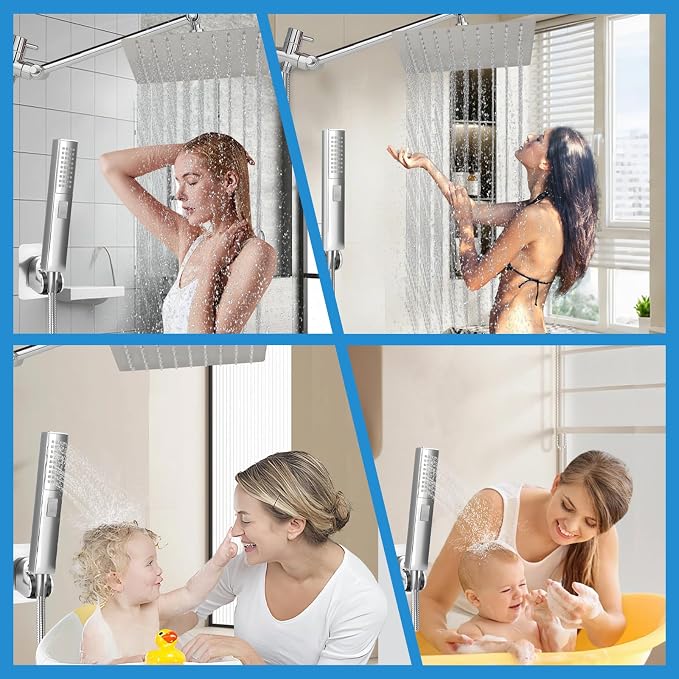 Rainfall Shower Head with Handheld Combo, Silvery, 10 Inch & 3 Spray Modes | 180° Adjustable, Extension Arm, Easy To Install