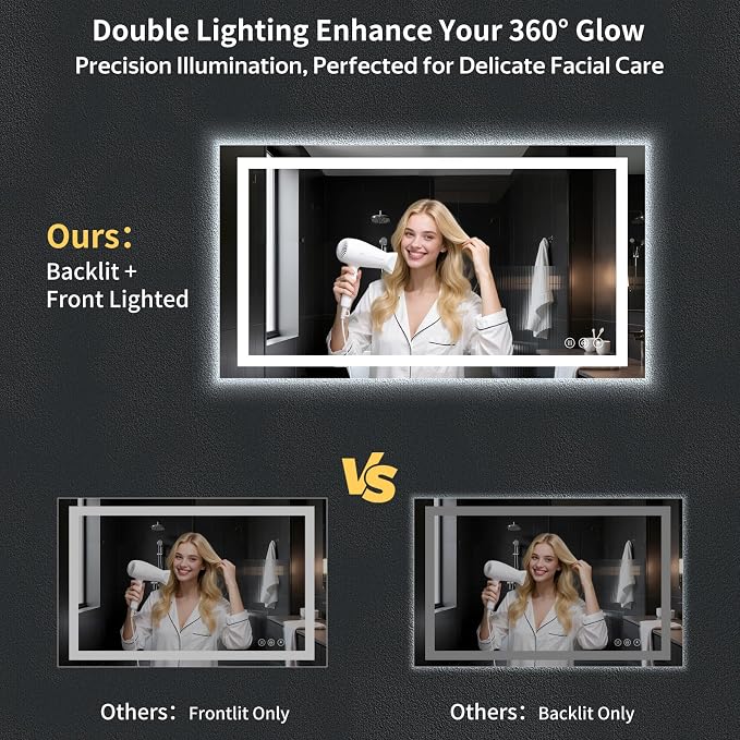 30"x50" LED Bathroom Mirror with Lights, Anti-Fog, Backlit+Frontlit | CRI 95, Stepless Dimmable, 3 Colors Lighting, Shatterproof Tempered Glass, HD Reflection, Memory, (Horizontal/Vertical)