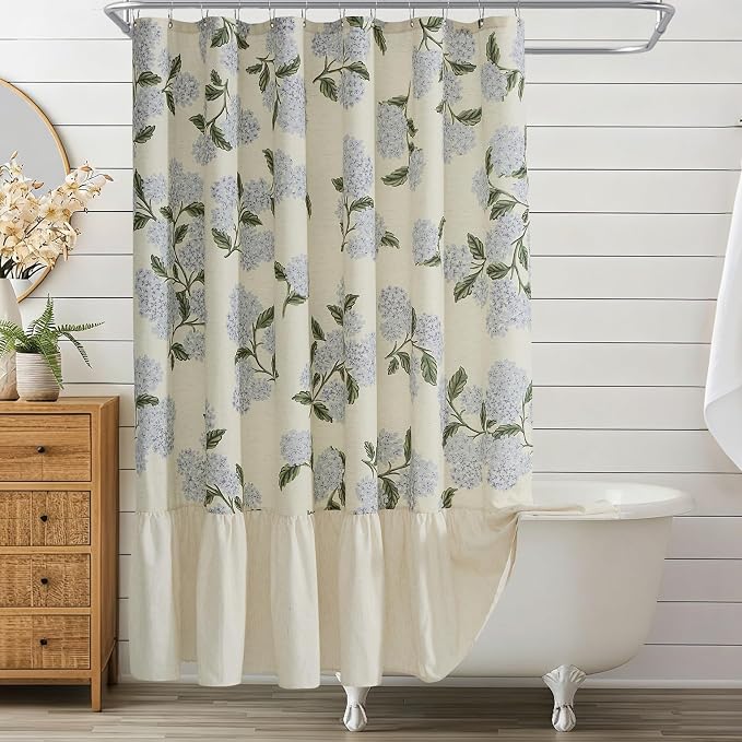 ORTIGIA Linen Textured Ruffle Shower Curtain with Metal Hooks, Vintage Blue Floral Hydrangea Boho Waterproof Bath Curtain for Rustic Farmhouse Bathroom Decor 72x72 Inch