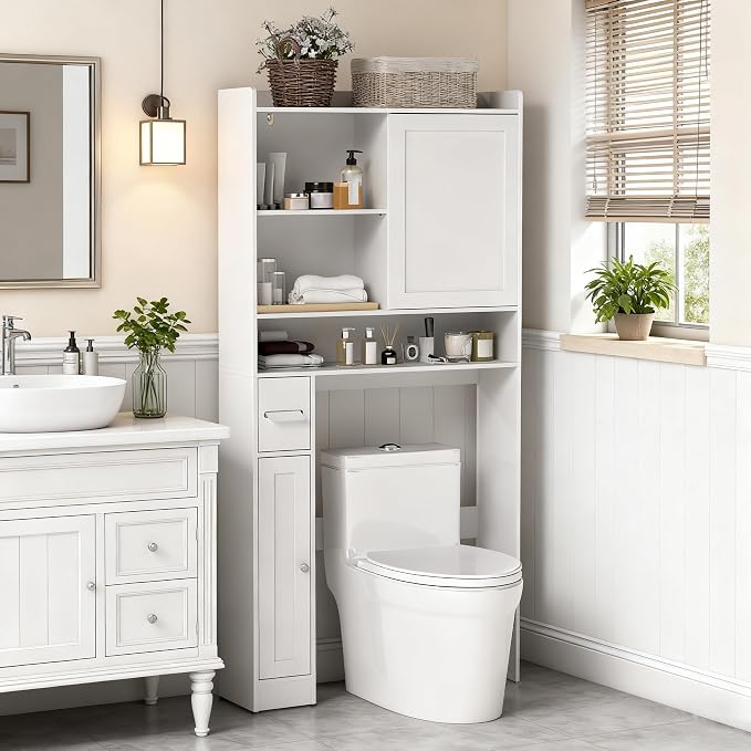 Giantex Over The Toilet Storage Cabinet, 32.5"W Freestanding Space Saver with Sliding Door, Toilet Paper Holder & Adjustable Shelves, Over Toilet Bathroom Organizer for Restroom & Laundry Room, White