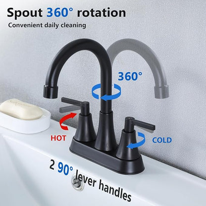 VCCUCINE Bathroom Faucet Matte Black 2 Handle,4-Inch Centerset Bathroom Sink Faucet with pop-up Drainer and 2 Water Supply Hoses, 360°Swivel Spout Bath Rv Lavatory Vanity,2 Pack,VC-MC-010B-2