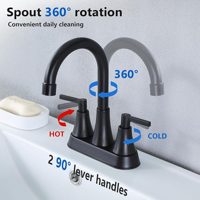 VCCUCINE Bathroom Faucets for Sink 3 Hole, Hurran 4 inch Matte Black with Pop-up Drain and 2 Supply Hoses, Stainless Steel 2-Handle Centerset Faucet for Sink Vanity,VC-MC-010B