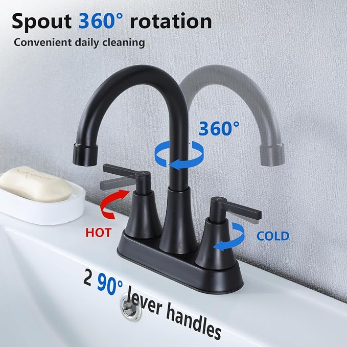 VCCUCINE Matte Black Bathroom Faucet, 4 Inch Centerset 3 Hole Black Bathroom Sink Faucet with Pop-up Drain and 2 Supply Hoses, Stainless Steel 2-Handle Faucet for Sink Vanity