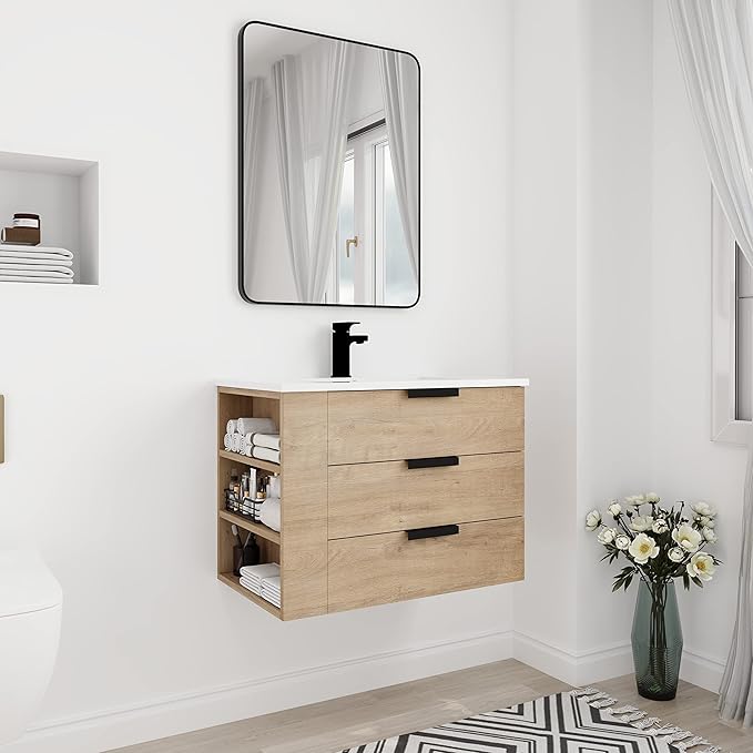 30 Inch Bathroom Vanity with White Sink Combo, Wall-Mounted Bathroom Vanity 3 Drawer&Left Side Shelf for Small Space, Modern Floating Bathroom Cabinet with Top Basin & Storage Cabinet,Brown