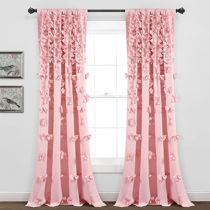 Lush Decor Riley Light Filtering Window Curtain Panel, Single 54" W x 84" L, Pink - Cute Pink Curtains for Bedroom - Bow Decor - Coquette Curtains for Windows
