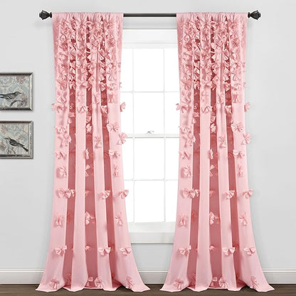 Lush Decor Riley Light Filtering Window Curtain Panel, Single 54" W x 84" L, Pink - Cute Pink Curtains for Bedroom - Bow Decor - Coquette Curtains for Windows