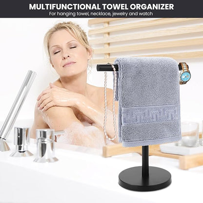 T-Shape Bath Hand Towel Holder Stand, Stainless Steel Free Standing Hand Towel Rack, for Bathroom Kitchen & Countertop, Matte Black, 2 Pack