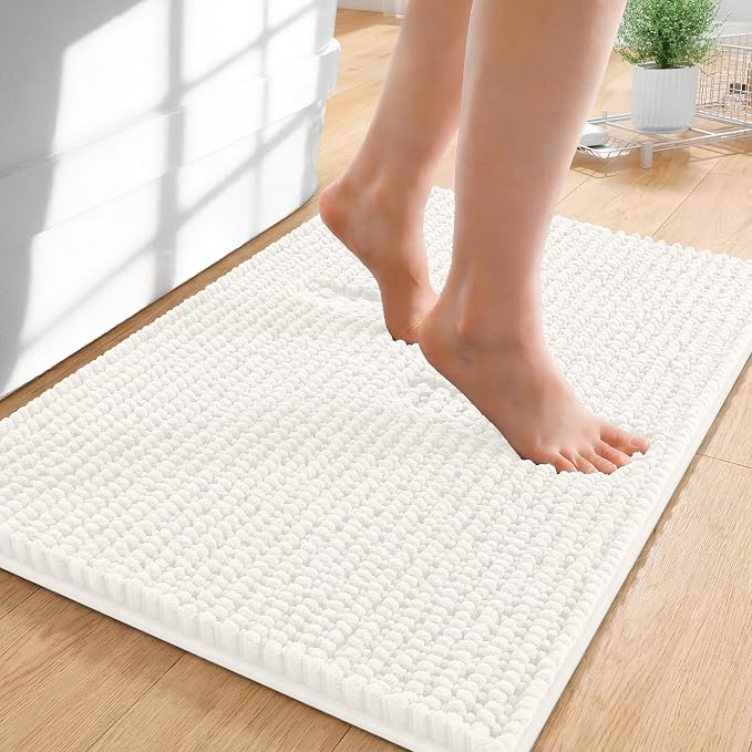 OLANLY Thick Chenille Small Bathroom Rugs 24x16, Absorbent Bath Mat, Ivory | Soft Bath Rugs, Rubber Backing, Machine Wash Dry, Bath Mats for Bathroom, Tub and Shower, Home Decor Accessories