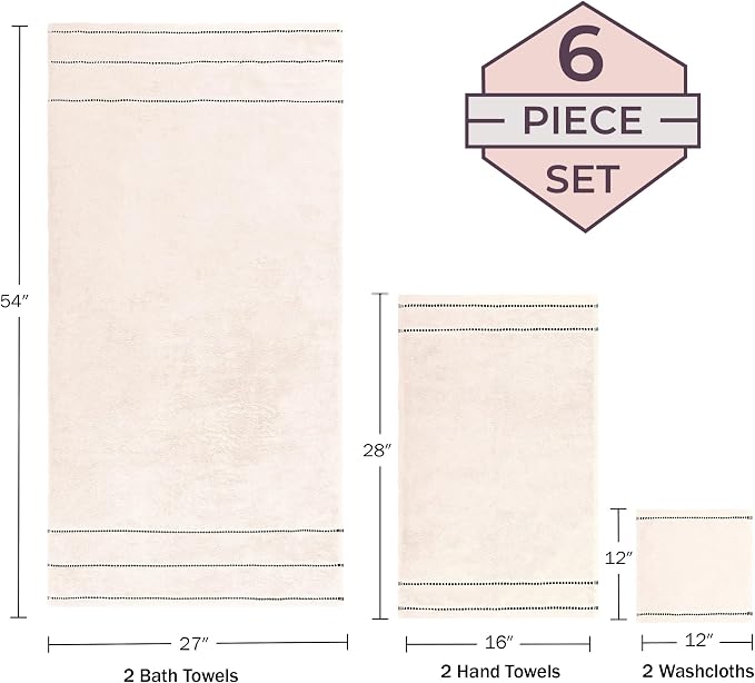 Lavish Home 6PC Towel Set - 525GSM 100% Cotton Bathroom Essentials with 2 Bath Towels, 2 Hand Towels, and 2 Wash Cloths - Absorbent Sheets for Bath, Shower, Gym, Spa, and Dorm Room (Beige)