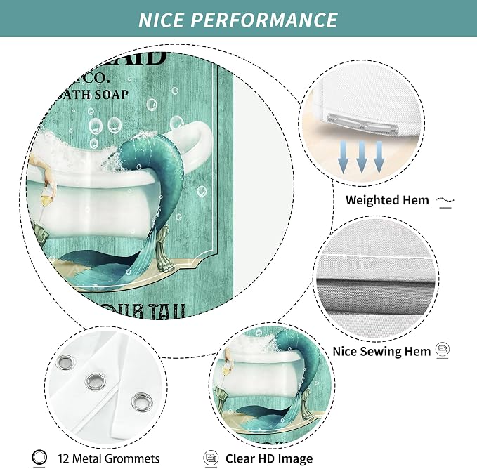 Teal Vintage Mermaid Shower Curtain for Bathroom 72W*72H Inch Little Teal Green Mermaid Wash Your Tail Bathtub Decor Funny Ocean Bathtub Bubbles Wood Aesthetic Waterproof Polyester Fabric