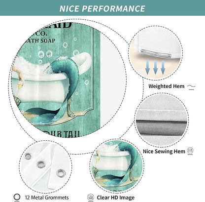 Teal Vintage Mermaid Shower Curtain for Bathroom 72W*72H Inch Little Teal Green Mermaid Wash Your Tail Bathtub Decor Funny Ocean Bathtub Bubbles Wood Aesthetic Waterproof Polyester Fabric
