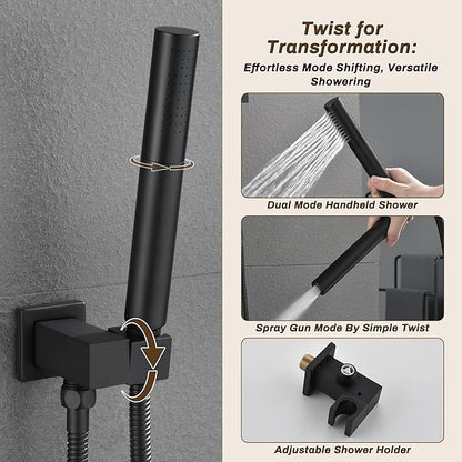 Rain Shower System Matte Black - 3-Function Shower Set, Ceiling & Wall Mount Combo with High-Pressure 2-in-1 Handheld, 30-Minute Easy DIY Install