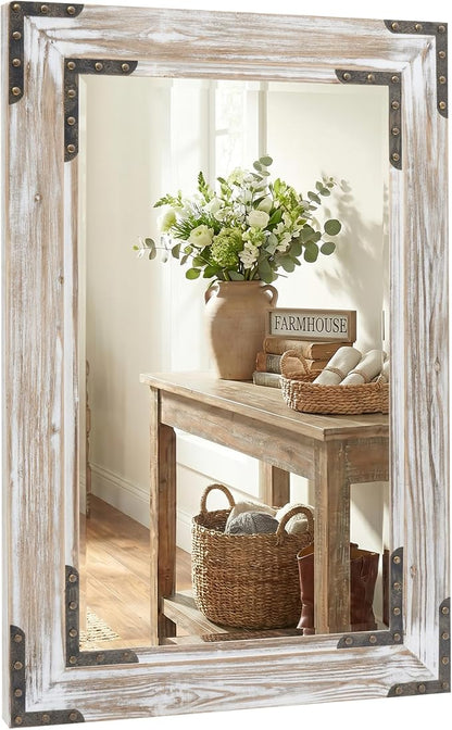 Distressed White 24x36 Inch Wood Bathroom Vanity Mirror, Rivets | Farmhouse style, beveled glass edge, layered whitewashed grain, single-sink bathrooms, dressers and entry consoles