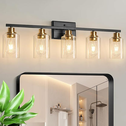 Unicozin Modern Bathroom Light Fixtures, 5 Light Vanity Lights Over Mirror, Black and Gold Wall Lamp with Clear Glass for Living Room Cabinet Bedroom Porch