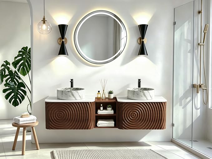 60" Floating Bathroom Vanity with Double Sink, Mid-Century Wall Mounted Bathroom Vanity Cabinet with Wood Waved Decor, Marble Ceramic Basin, Sintered Stone Top, Soft Close Drawer, Side Open Cube