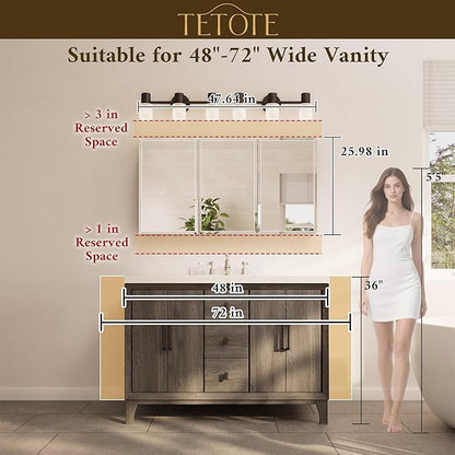 TETOTE 48 x 26 Medicine Cabinet with Tempered Beveled MirrorSilverVanity Mirror with Storage Aluminum Cabinet DTC Hinges, Stepless Adjustable Shelves, Recessed/Surface-Mounted