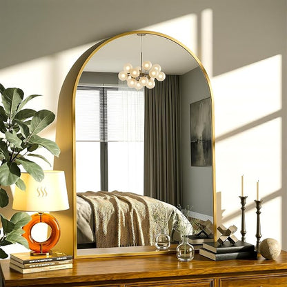 Antok Arched Bathroom Mirror, 26"x38" Wall Mounted Mirror, Vanity Mirrors for Over Sink, Aluminum Alloy Frame Bathroom Mirrors Living Room, Bedroom and Entryway, Gold