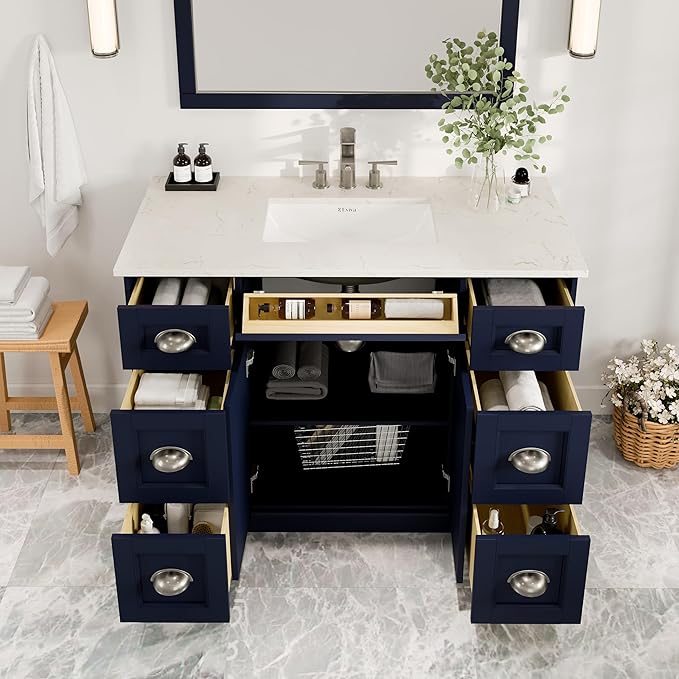 Eviva Epic 48 in. Blue Bathroom Vanity with White Carrara Quartz Countertop