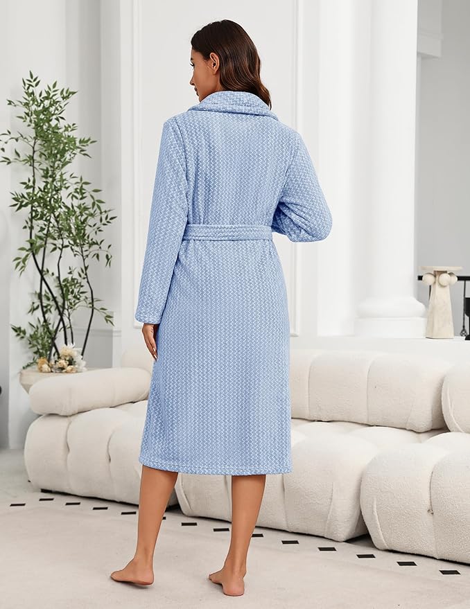 Ekouaer Women's Robe Long Plush Soft Bathrobe Cozy Warm Robes Shawl Collar Sleepwear with Pockets