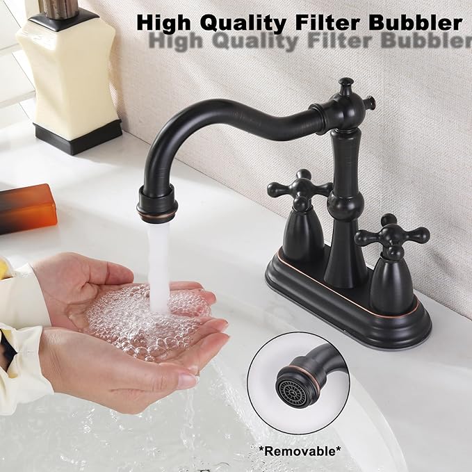 Oil Rubbed Bronze Bathroom Faucet 2 Hole, 4 Inch Centerset Antique Bathroom Faucet with Pop Up Drain and Supply Hose, Modern Bathroom Faucet Vanity Faucet, SE-0038-ORB