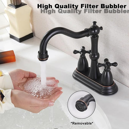 Oil Rubbed Bronze Bathroom Faucet 2 Hole, 4 Inch Centerset Antique Bathroom Faucet with Pop Up Drain and Supply Hose, Modern Bathroom Faucet Vanity Faucet, SE-0038-ORB
