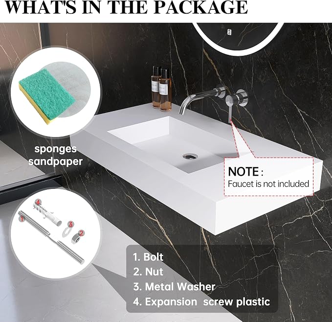 35"X19" Wall Mount Sink, Stone Bathroom Sink without Holes | Matte Bathroom Vanity Vessel Sinks Rectangle, Modern Floating or Countertop Freestanding Wall Hang Sink Bowl
