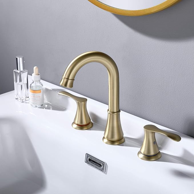 Bathroom Faucet for Sink 3 Hole with Pop Up Drain and cUPC Faucets Supply Hose, 2 Handle 8 inch Brass Widespread Bathroom Sink Faucet, Brushed Gold Basin Faucet Taps Mixer