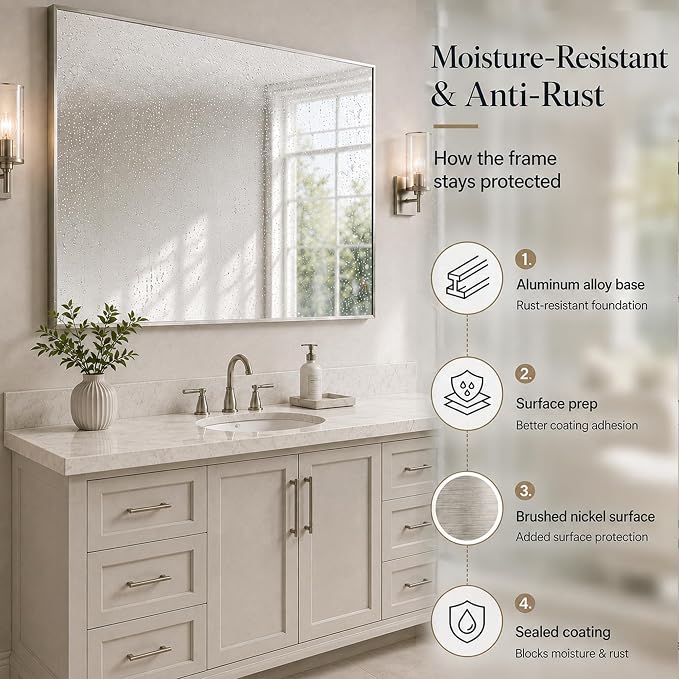 40"x30" Brushed Nickel Framed Rectangle Bathroom Vanity Wall Mirror | Over-Sink Vanity Mirror, Slim Metal Frame, Entryway or Dresser Use, Vertical/Horizontal Mount, Tempered Glass