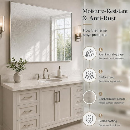 40"x30" Brushed Nickel Framed Rectangle Bathroom Vanity Wall Mirror | Over-Sink Vanity Mirror, Slim Metal Frame, Entryway or Dresser Use, Vertical/Horizontal Mount, Tempered Glass