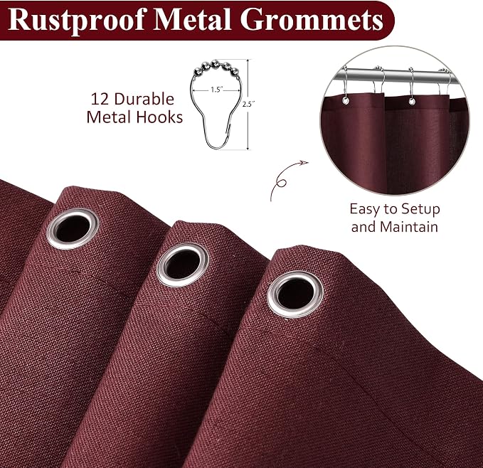 Burgundy Linen Shower Curtain, Country Boho Farmhouse Bath Decor Shower Curtains Neutral Cloth Weighted Textured Fabric Bath Curtain Liner with Hooks, 72x96