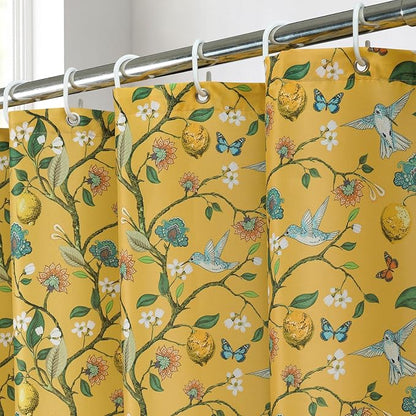 Yellow Floral Bird Shower Curtain 36x72, Hummingbird and Lemon Botanical Fabric Bath Curtains, Lightweight Quick-Dry Bathroom Decor Set with Hooks