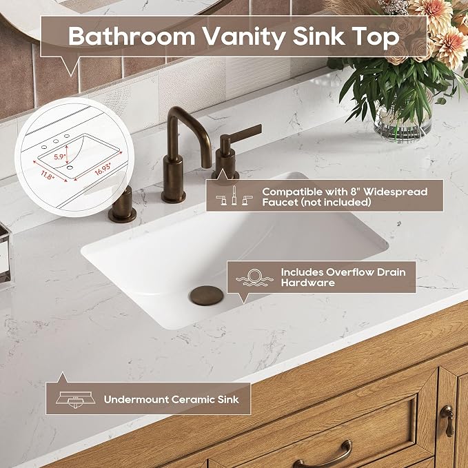 48 Inch Bathroom Vanity with Sink Combo, Classic Bathroom Cabinet with Countertop & Backsplash, Solid Wood Vanity with Soft Closing Doors & Dovetail Drawers, Ceramic Sink, Light Walnut
