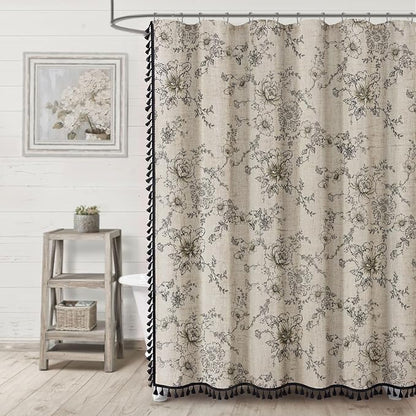 Farmhouse Floral Vintage Shower Curtain for Bathroom, Black and Tassels | Elegant Boho Tassels Pattern Bath Curtain, Linen Fabric, 72" W x 72" L
