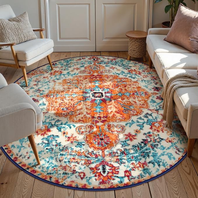 Lahome Washable Round Rugs 5'3"ft, Bohemian Orange Circle Rugs for Living Room, Entryway Round Area Rug, Floral Medallion Soft Non Slip Nursery Carpet for Bedroom Dining Coffee Table