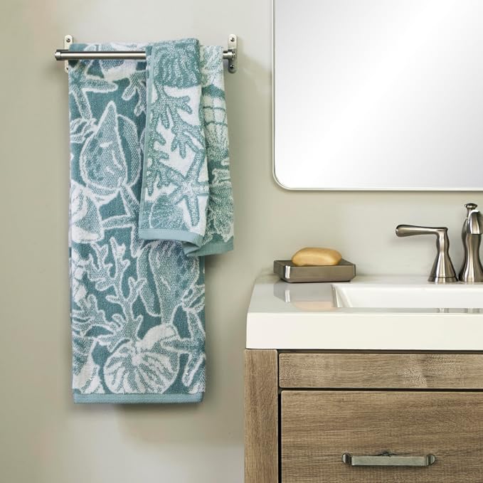 SKL Home South Seas Shell Bath Towel, 100% Cotton Jacquard, Teal/White | 550 GSM weight. Plush, absorbent & reversible. Great for Airbnb, beach homes & coastal décor.