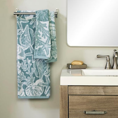 SKL Home South Seas Shell Hand Towel Set-2pc, 100% Cotton, Teal/White | 550 GSM weight. Plush, absorbent & reversible. For the bathroom, kitchen or bar. Fun for Airbnb, beach homes & coastal décor.