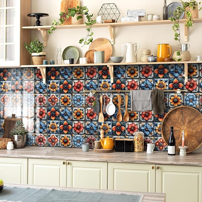 Easy Peel Stick wall Tile Stickers 6x6in Stick on backsplash Tiles,12Pcs | removable 3D tile for kitchen RV bathroom laundry backsplash decor,Ultra-high-definition printed flower pattern