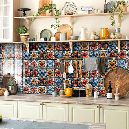 Easy Peel Stick wall Tile Stickers 6x6in Stick on backsplash Tiles,12Pcs | removable 3D tile for kitchen RV bathroom laundry backsplash decor,Ultra-high-definition printed flower pattern