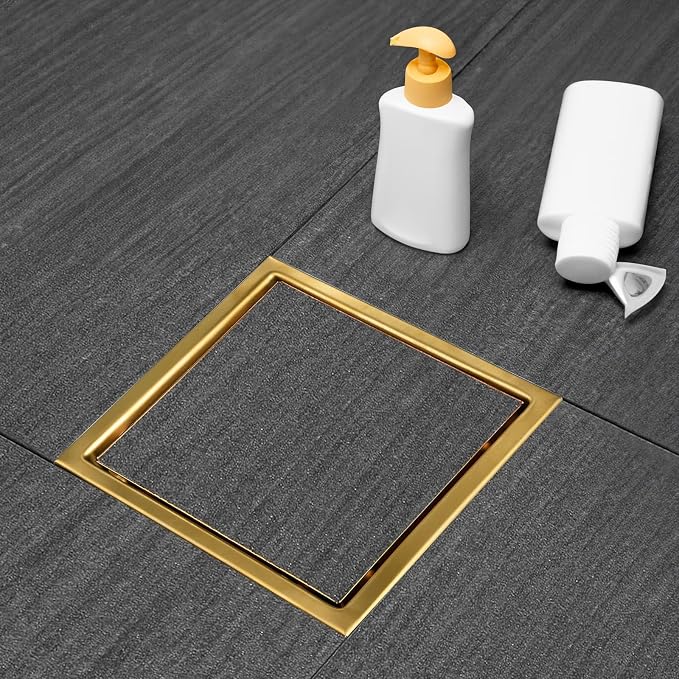 Square Shower Drain Gold 6 inch with 2 in 1 Tile-Insert Cover | AISI 304 Stainless Steel Brushed Shower Floor Drain with Removable Hair Catcher and Flange Fits Bathroom Balcony Kitchen