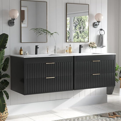 30" Bathroom Vanity with Sink, Floating Bathroom Vanity with 2 Fluted Drawers & Metal Handle, Wall Mounted Cabinets with Integrated Ceramic Sink for Apartment, Home, Black