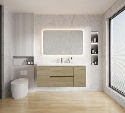 48 Inch Floating Bathroom Vanity with Sink, Large Storage Wall Mounted Floating Vanity with Soft Close Drawers, One-Piece Basin Bathroom Sink Cabinet (Natural Oak, 48")