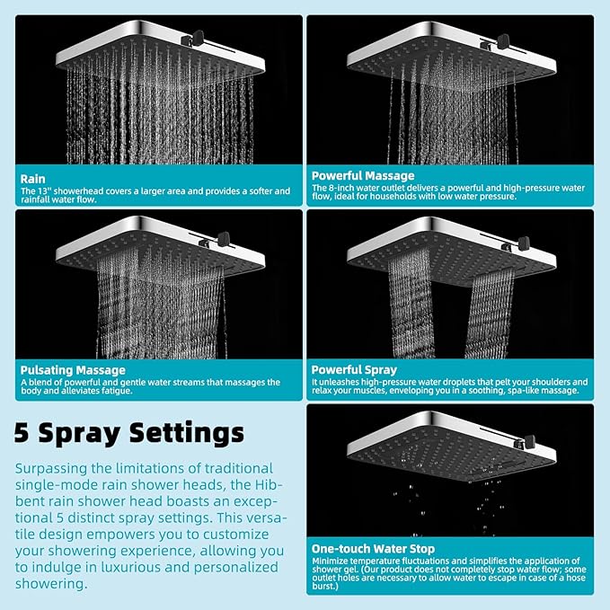 Hibbent Rain Shower Head, 13'' High Pressure Rainfall Square 5 Spray Mode Showerhead with 16" Shower Head Extension Arm, Solid Brass Adjustable Shower Arm Extender, Waterfall fixed Showerheads, Chrome